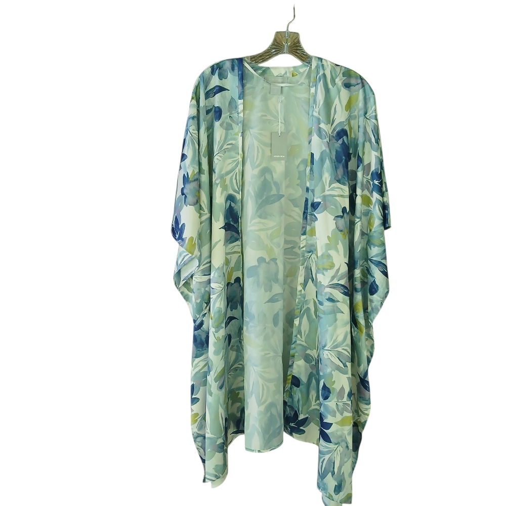 Nordstrom Blue Sun Floral Print Open Front Satin Kimono Robe One Size